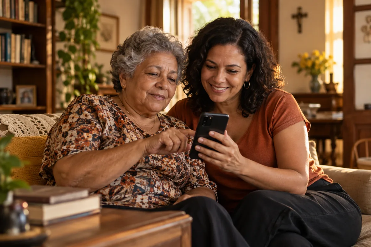 Mãe e filha consultando uma leitura no celular