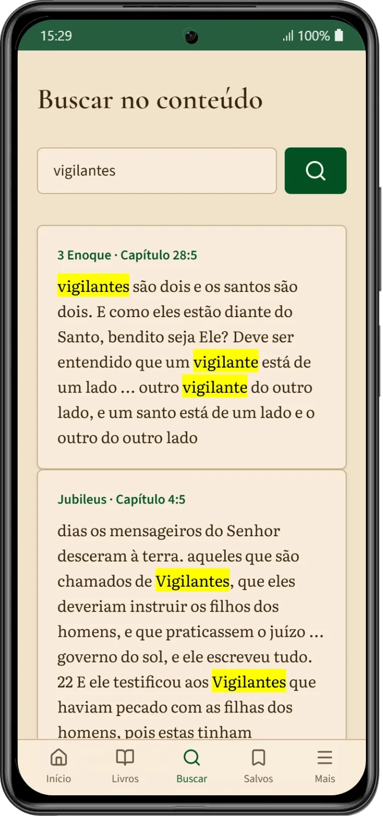 Tela real de pesquisa mostrando resultados para Vigilantes
