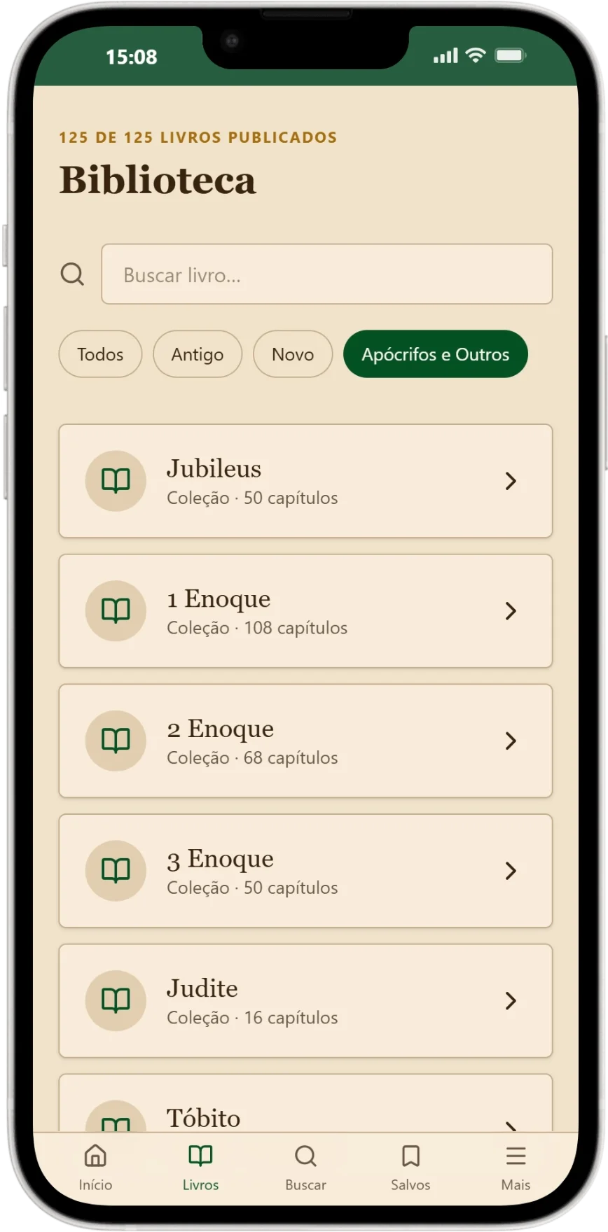 Tela real com a lista de livros da biblioteca